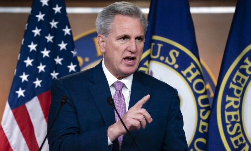 FILE - House Minority Leader Kevin McCarthy, R-Calif., speaks to reporters at the Capitol in Washington, March 18, 2022. Republican lawmakers gathered at a retreat in Florida this week to plot out strategy for this year's midterm elections. The conference needs only a handful of seats to win the House and they are exceedingly confident in their chances. They see former Speaker Newt Gingrich, who swept away four decades of Democratic House rule with the "Contract With America" in 1994, as a model. (AP Photo/J. Scott Applewhite, File)