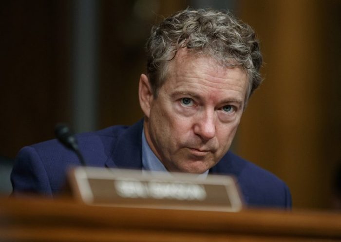 FILE - In this March 5, 2019 file photo, Sen. Rand Paul, R-Ky., pauses during a Senate Committee on Health, Education, Labor, and Pensions hearing on Capitol Hill in Washington. Paul says he underwent lung surgery in a procedure he says stems from injuries suffered when a neighbor tackled him outside his home in 2017. (AP Photo/Carolyn Kaster, FIle)