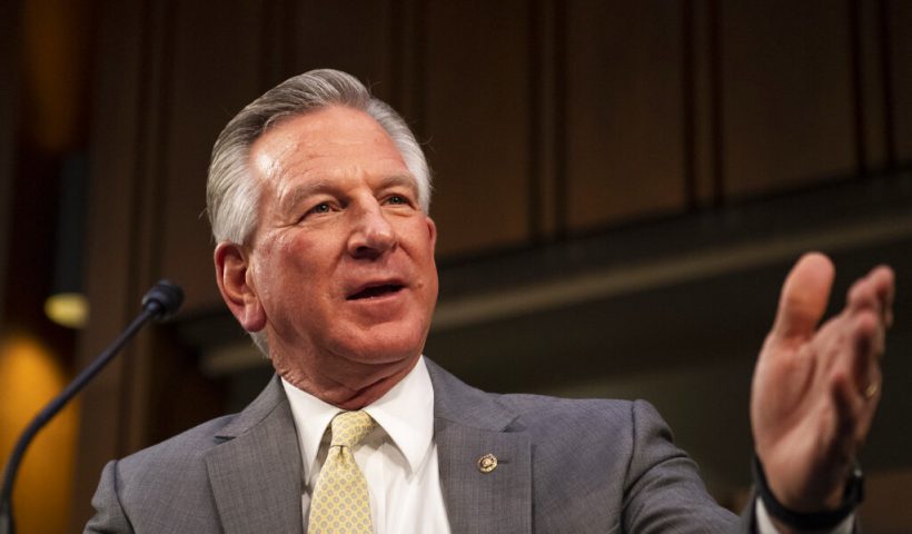 Sen. Tommy Tuberville, R-Ala., speaks during a Senate Health, Education, Labor, and Pensions committee on Capitol Hill in Washington on Thursday, Feb. 25, 2021. (Caroline Brehman/Pool via AP)
