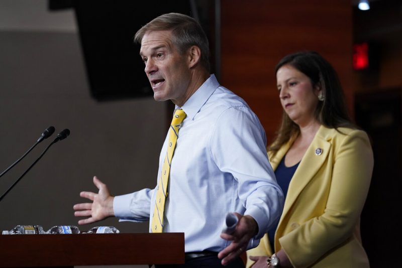 Rep. Jim Jordan, R-Ohio, the top Republican on the Judiciary Committee, and House Republican Conference Chair Elise Stefanik, R-N.Y., right, speak to reporters following a Republican Conference meeting at the Capitol in Washington, Wednesday, June 8, 2022. (AP Photo/J. Scott Applewhite)