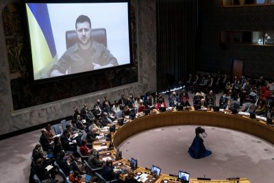 Ukrainian President Volodymyr Zelenskyy speaks via remote feed during a meeting of the UN Security Council, Tuesday, April 5, 2022, at United Nations headquarters. Zelenskyy will address the U.N. Security Council for the first time Tuesday at a meeting that is certain to focus on what appear to be widespread deliberate killings of civilians by Russian troops. (AP Photo/John Minchillo)