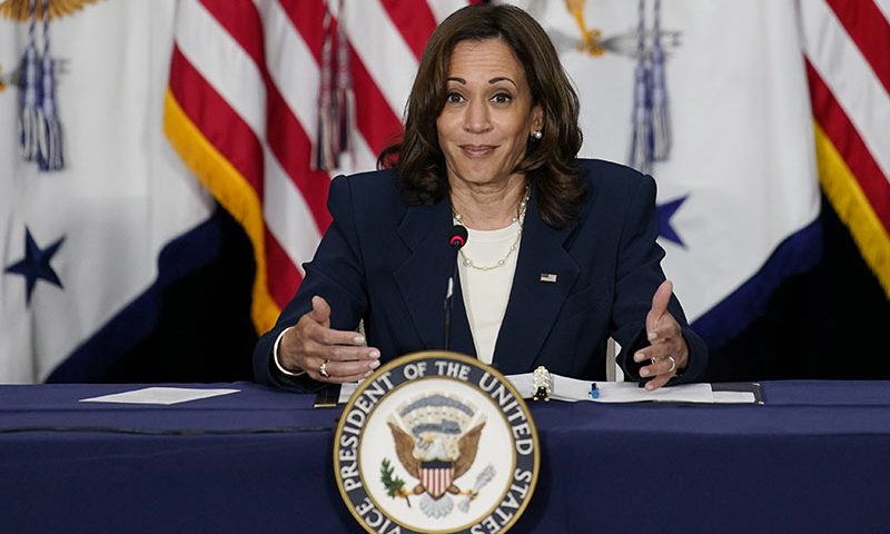 Vice President Kamala Harris speaks while meeting with Nevada state legislators to discuss reproductive rights Wednesday, Aug. 10, 2022, in Las Vegas. (AP Photo/John Locher)