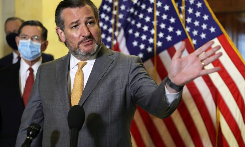 WASHINGTON, DC - MARCH 24: U.S. Sen. Ted Cruz (R-TX) speaks to members of the press after a Senate Republican luncheon at Russell Senate Office Building March 24, 2021 on Capitol Hill in Washington, DC. Sen. Cruz discussed an upcoming Congressional Delegation trip to the southern border. (Photo by Alex Wong/Getty Images)