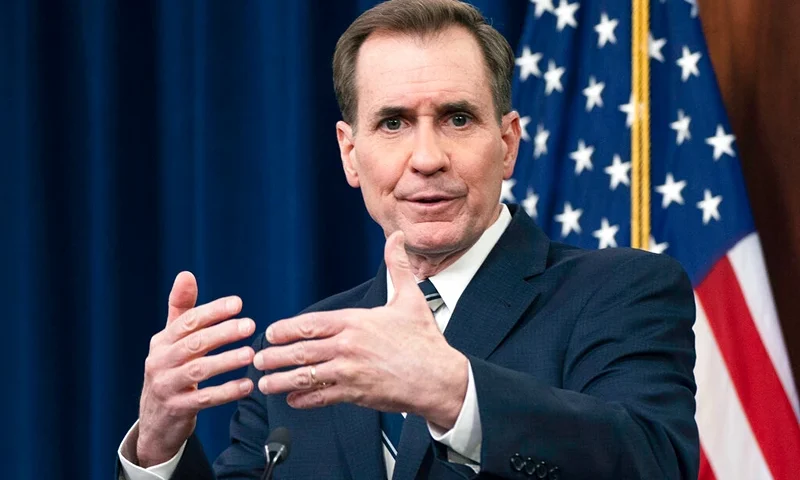 FILE - Pentagon spokesman John Kirby speaks during a briefing at the Pentagon in Washington, Wednesday, March 9, 2022. As Russia intensifies its assault on Ukraine, it is getting help from China in spreading inflammatory and unsubstantiated claims that the U.S. is financing biological weapons labs in Ukraine. Kirby called the Russian claim “a bunch of malarkey,” but in testimony to the Senate Intelligence Committee on Thursday, March 10, 2022, CIA Director William Burns also noted grave concern that Russia might be laying the groundwork for a chemical or biological attack of its own. (AP Photo/Manuel Balce Ceneta, File)