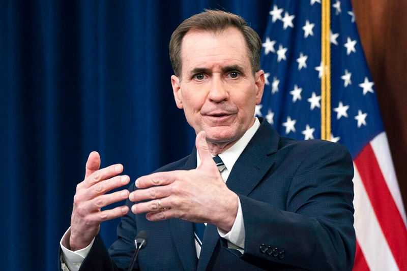 FILE - Pentagon spokesman John Kirby speaks during a briefing at the Pentagon in Washington, Wednesday, March 9, 2022. As Russia intensifies its assault on Ukraine, it is getting help from China in spreading inflammatory and unsubstantiated claims that the U.S. is financing biological weapons labs in Ukraine. Kirby called the Russian claim “a bunch of malarkey,” but in testimony to the Senate Intelligence Committee on Thursday, March 10, 2022, CIA Director William Burns also noted grave concern that Russia might be laying the groundwork for a chemical or biological attack of its own. (AP Photo/Manuel Balce Ceneta, File)