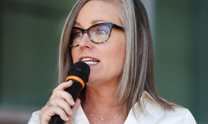 TUCSON, ARIZONA - OCTOBER 07: Arizona Secretary of State and Democratic gubernatorial candidate Katie Hobbs speaks at a press conference calling for abortion rights outside the Evo A. DeConcini U.S. Courthouse on October 7, 2022 in Tucson, Arizona. Hobbs discussed Arizona’s near-total abortion ban, which dates back to 1864, and her aim to restore abortion rights in the state. (Photo by Mario Tama/Getty Images)