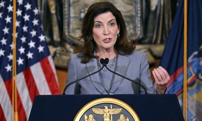 Gov. Kathy Hochul speaks to reporters about legislation passed during a special legislative session in the Red Room at the state Capitol, July 1, 2022, in Albany, N.Y. (AP Photo/Hans Pennink, File)AP
