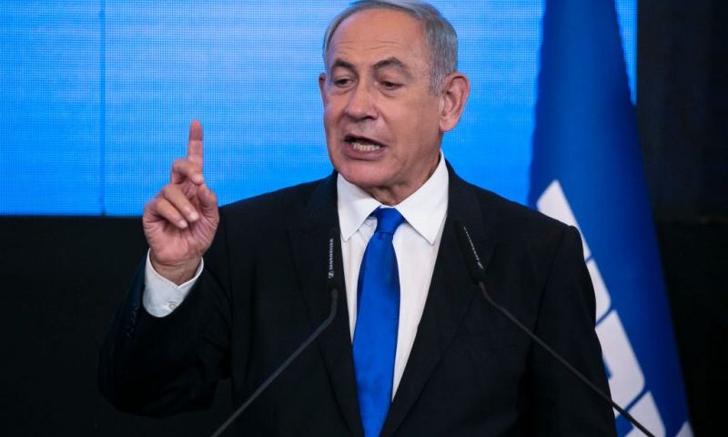 JERUSALEM, ISRAEL - NOVEMBER 01: Former Israeli Prime Minister and Likud party leader Benjamin Netanyahu speaks at an election-night event on November 1, 2022 in Jerusalem, Israel. Exit polls showed Netanyahu holding a narrow lead late on Election Day, the country's fifth in four years that will name a new Kesset, the 120-seat parliament. (Photo by Amir Levy/Getty Images)