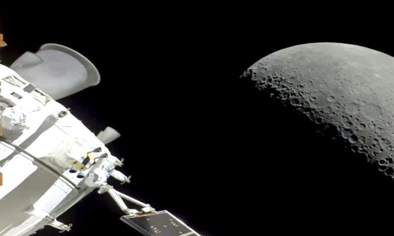 NASA's Orion spacecraft flew past the moon on Monday, December 5, 2022. The crew capsule and its test dummies will aim for a Pacific Ocean splashdown on Sunday, December 11, 2022, off the coast of San Diego after a three-week test flight, setting the stage for astronauts on the next flight in a couple years. (NASA via AP)