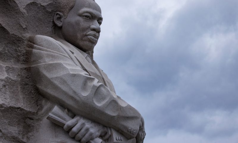 The statue of civil rights leader Dr. Martin Luther King Jr. at his memorial site on the edge of the Tidal Basin, which was dedicated in 2011, on Martin Luther King Jr. Day on January 17, 2022 in Washington, DC. Democrats are trying to pass John R. Lewis Voting Rights Act this week which will counter the various voting suppression laws passed in multiple Republican states in the wake of the 2020 elections. (Photo by Samuel Corum/Getty Images)