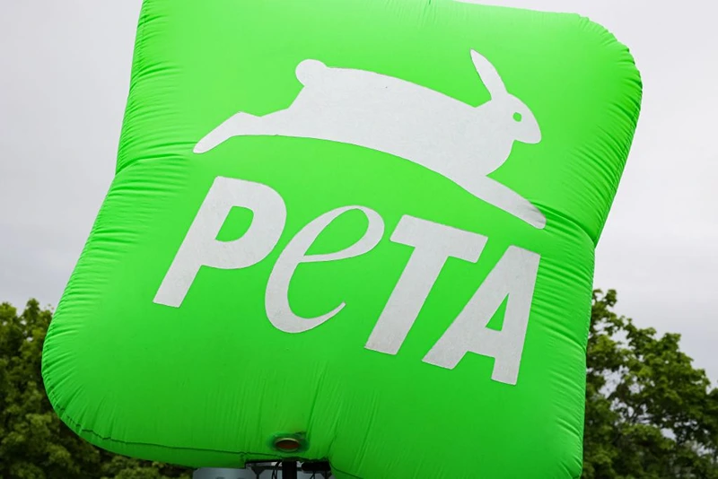 The logo of the international non-governmental animal rights organisation People for the Ethical Treatment of Animals (PETA) is pictured during a protest on the sidelines of the G7 agriculture ministers meeting in Stuttgart, southern Germany, on May 13, 2022. (Photo by Yann Schreiber / AFP) (Photo by YANN SCHREIBER/AFP via Getty Images)
