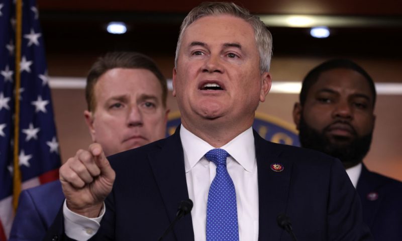 Flanked by House Republicans, U.S. Rep. James Comer (R-KY) speaks during a news conference at the U.S. Capitol on November 17, 2022 in Washington, DC. House Republicans held a news conference to discuss "the Biden family's business dealings." (Photo by Alex Wong/Getty Images)