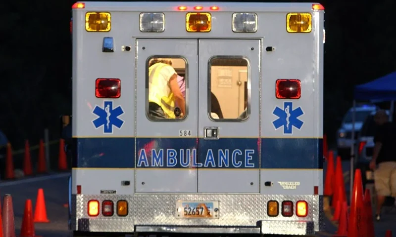 HUNTINGTON, UT - AUGUST 16: An Emery County ambulance leaves the Crandall Canyon coal mine August 16, 2007 near Huntington, Utah. Several ambulances and a MEDEVAC helicopter arrived at the mine in the evening as rescuers were injured during a collapse as they searched for six coal miners trapped 1,500 feet beneath the surface at the Crandall Canyon coal mine after an August 6 cave-in. (Photo by Justin Sullivan/Getty Images)