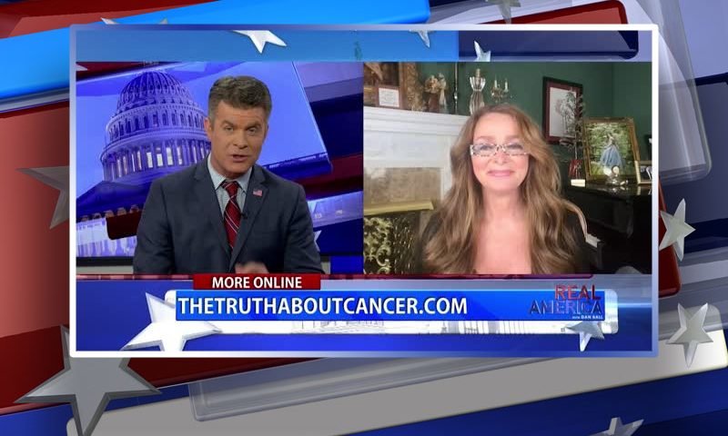 Video still from Charlene Bollinger's interview with Real America on One America News Network