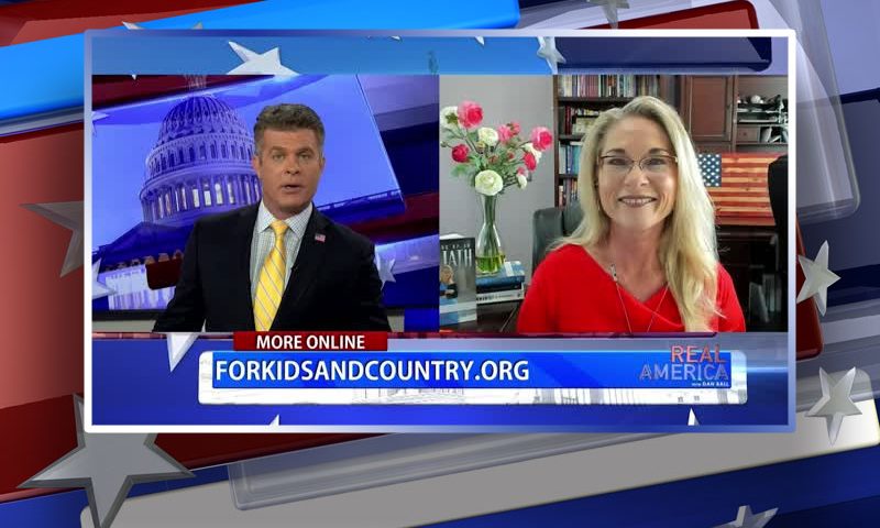 Video still from Rebecca Friedrichs' interview with Real America on One America News Network