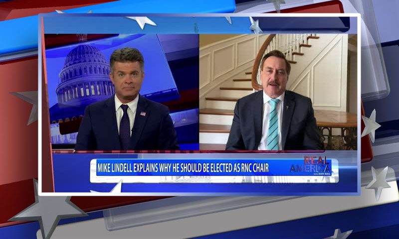 Video still from Mike Lindell's interview with Real America on One America News Network