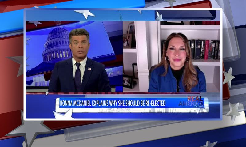 Video still from Ronna McDaniel's interview with Real America on One America News Network