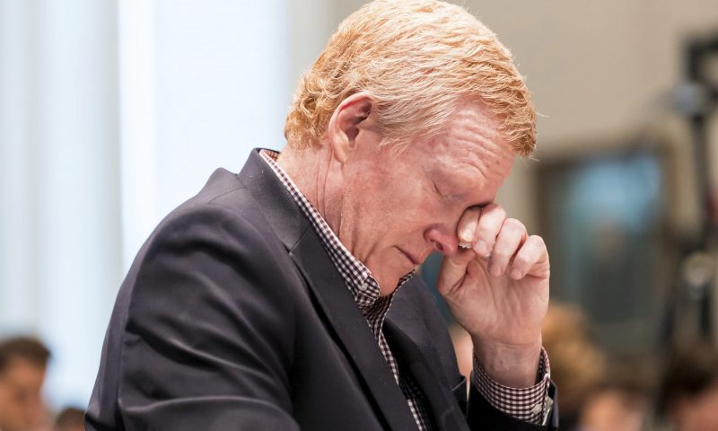 Alex Murdaugh cries while listening to his son Buster Murdaugh testify during Alex Murdaugh's trial at the Colleton County Courthouse in Walterboro, S.C., on Tuesday, Feb. 21, 2023. The 54-year-old attorney is standing trial on two counts of murder in the shootings of his wife and son at their Colleton County, S.C., home and hunting lodge on June 7, 2021. (Jeff Blake/The State via AP, Pool)