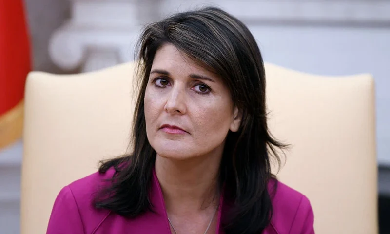 Nikki Haley, the United States Ambassador to the United Nations looks on during a meeting with US President Donald Trump speaks in the Oval office of the White House October 9, 2018 in Washington, DC. - Nikki Haley resigned Tuesday as the US ambassador to the United Nations, in the latest departure from President Donald Trump's national security team. Meeting Haley in the Oval Office, Trump said that Haley had done a "fantastic job" and would leave at the end of the year. (Photo by Olivier Douliery / AFP) (Photo by OLIVIER DOULIERY/AFP via Getty Images)
