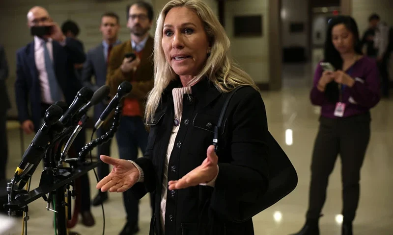 U.S. Rep. Marjorie Taylor Greene (R-GA) speaks to members of the press following the House Republican Conference leadership elections in the U.S. Capitol Visitors Center on November 15, 2022 in Washington, DC.