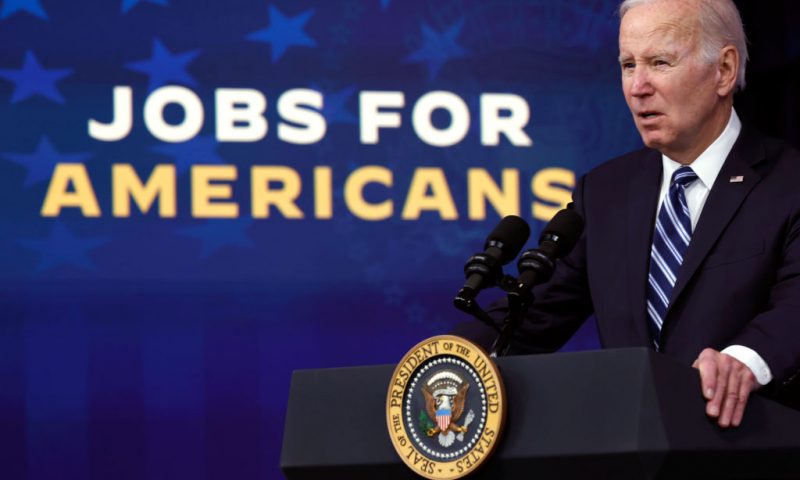 US President Joe Biden delivers remarks about the latest jobs report in the South Court Auditorium in the Eisenhower Executive Office Building on February 03, 2023 in Washington, DC. According to the Labor Department, employers added 517,000 jobs in January, more than economists anticipated and sending the unemployment rate to its lowest level since 1969.(Photo by Chip Somodevilla/Getty Images)