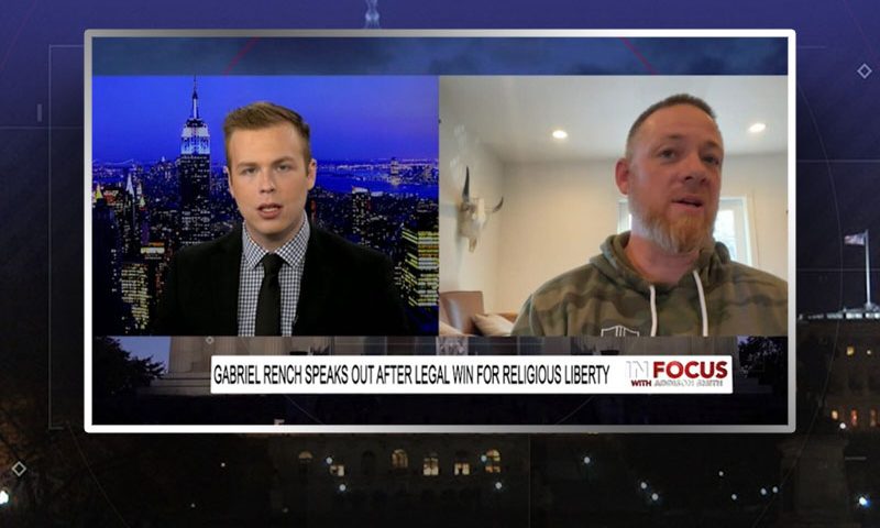 Video still from Gabriel Rench's interview with In Focus on One America News Network