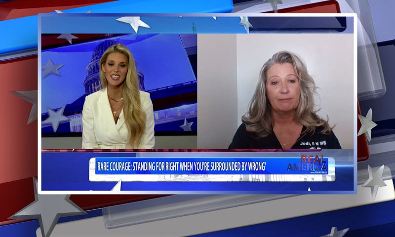 Video still from Jodi O'Malley's interview with Real America on One America News Network