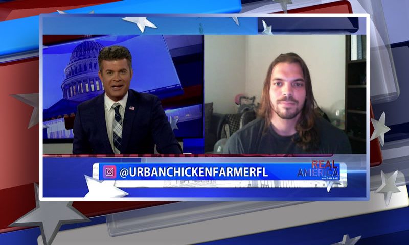Video still from Connor Blackmon's interview with Real America on One America News Network