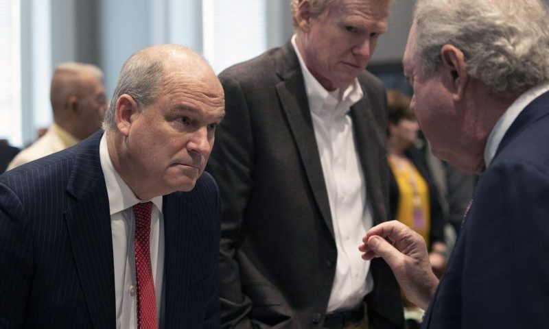 Defense attorney Dick Harpootlian talks with attorney Jim Griffin and Alex Murdaugh during the murder trial of Alex Murdaugh at the Colleton County Courthouse in Walterboro, S.C. on Thursday, March 2, 2023. (Andrew J. Whitaker/The Post And Courier via AP, Pool)