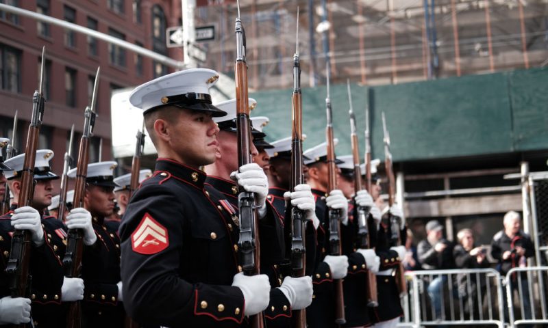 NEW YORK, NEW YORK - NOVEMBER 11: U.S. Marines march in the Veterans Day Parade on November 11, 2019 in New York City. President Donald Trump, the first sitting U.S. president to attend New York's parade, offered a tribute to veterans ahead of the 100th annual parade which draws thousands of vets and spectators from around the country and world. (Photo by Spencer Platt/Getty Images)
