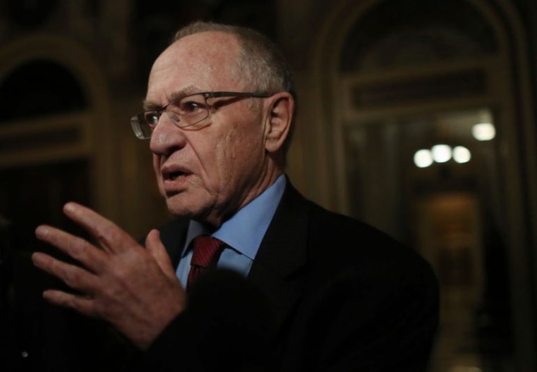 WASHINGTON, DC - JANUARY 29: Attorney Alan Dershowitz, a member of President Donald Trump's legal team, speaks to the press in the Senate Reception Room during the Senate impeachment trial at the U.S. Capitol on January 29, 2020 in Washington, DC. Wednesday begins the question-and-answer phase of the impeachment trial that will last up to 16 hours over the next two days. (Photo by Mario Tama/Getty Images)