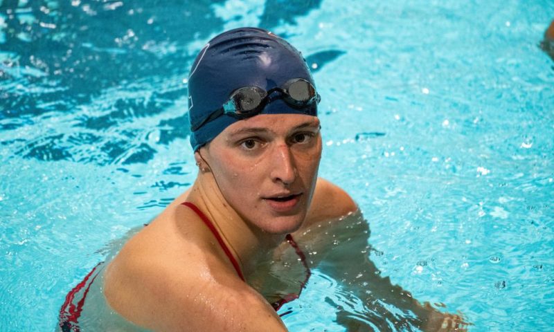 Lia Thomas, a transgender woman, finishes the 200 yard Freestyle for the University of Pennsylvania at an Ivy League swim meet against Harvard University in Cambridge, Massachusetts, on January 22, 2022. - Thomas placed first in the event. (Photo by Joseph Prezioso / AFP) (Photo by JOSEPH PREZIOSO/AFP via Getty Images)
