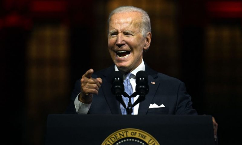 TOPSHOT - US President Joe Biden speaks about the soul of the nation, outside of Independence National Historical Park in Philadelphia, Pennsylvania, on September 1, 2022. (Photo by Jim WATSON / AFP) (Photo by JIM WATSON/AFP via Getty Images)