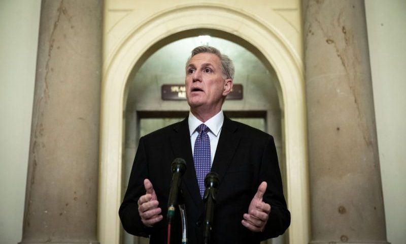Speaker of the House Kevin McCarthy (R-CA) speaks during a news conference outside of his office at the U.S. Capitol on January 24, 2023 in Washington, DC. McCarthy spoke on a range of issues, including committee assignments and Rep. George Santos (R-NY). (Photo by Drew Angerer/Getty Images)