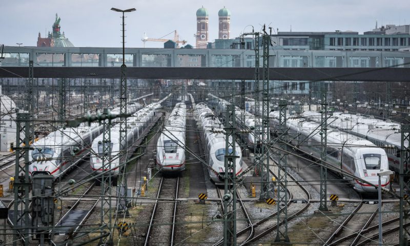 Trains stand on storage sidings between Munich main railway station and Donnersbergerbrücke station during a nationwide strike on March 27, 2023 in Munich, Germany. Air travel and long distance rail service have mostly been shut down across Germany today. Labour unions representing over two million public sector employees are pushing for steep wage hikes due to the current high level of inflation. (Photo by Leonhard Simon/Getty Images)
