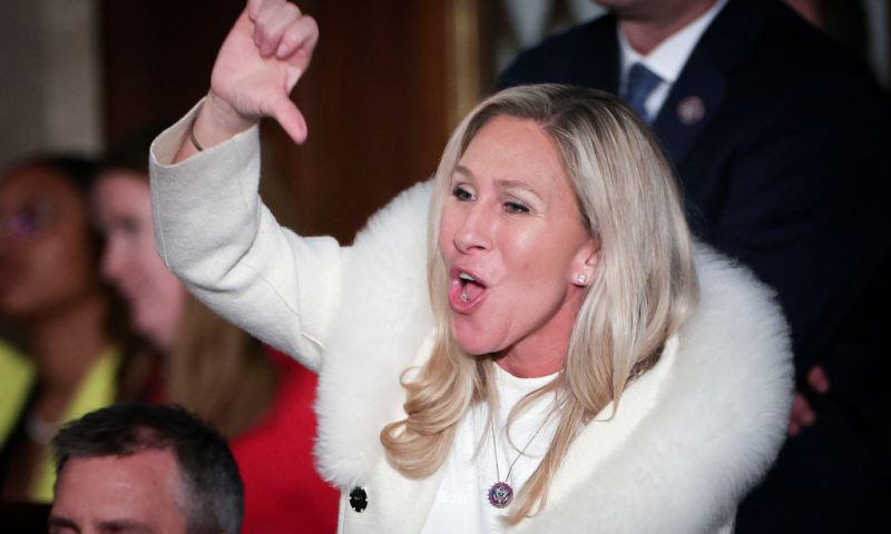 U.S. Rep. Marjorie Taylor Greene (R-GA) gives a thumbs down during President Joe Biden's State of the Union address during a joint meeting of Congress in the House Chamber of the U.S. Capitol on February 07, 2023 in Washington, DC. The speech marks Biden's first address to the new Republican-controlled House. (Photo by Win McNamee/Getty Images)