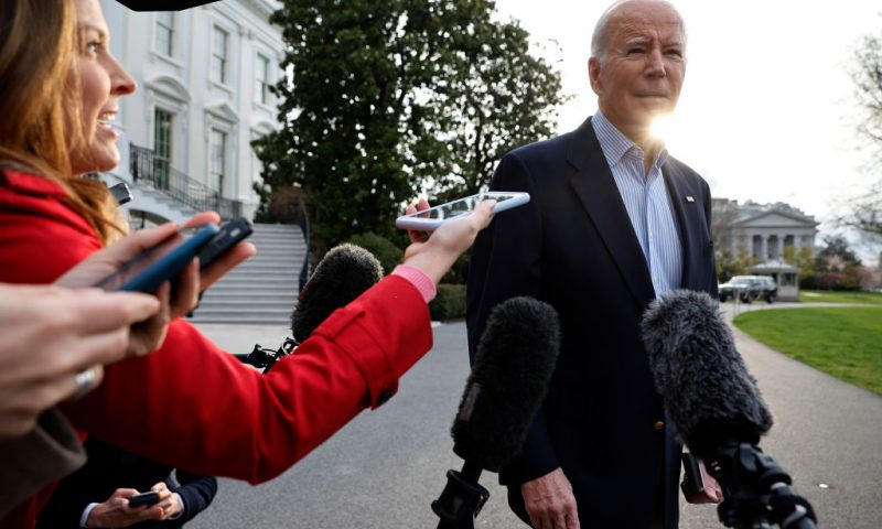 U.S. President Joe Biden declines to comment after reporters question him about the criminal indictment of former President Donald Trump as Biden departs the White House on March 31, 2023 in Washington, DC. Biden and first lady Jill Biden are traveling to Rolling Fork, Mississippi, to tour the community that was devastated by a tornado last week. (Photo by Chip Somodevilla/Getty Images)