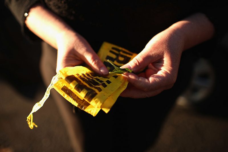 Denise Toepel of Denver holds discarded crime scene tape that she will keep as a memento while visiting a makeshift memorial across the street from the Century 16 movie theater July 21, 2012 in Aurora, Colorado. A day earlier a gunman killed 12 people and injured 59 during an early morning screening of 'The Dark Knight Rises.' Police in Aurora, a suburb of Denver, say they have a suspect James Holmes, 24, in custody. Toepel, a demographics surveyor, gathers audience reactions from inside theaters during movie premieres. "It's a fun job," she said. "But it suddenly became a little hairy." She hopes they tear down the theater in the wake of the mass shooting. "Who could ever feel safe there again?" (Photo by Chip Somodevilla/Getty Images)