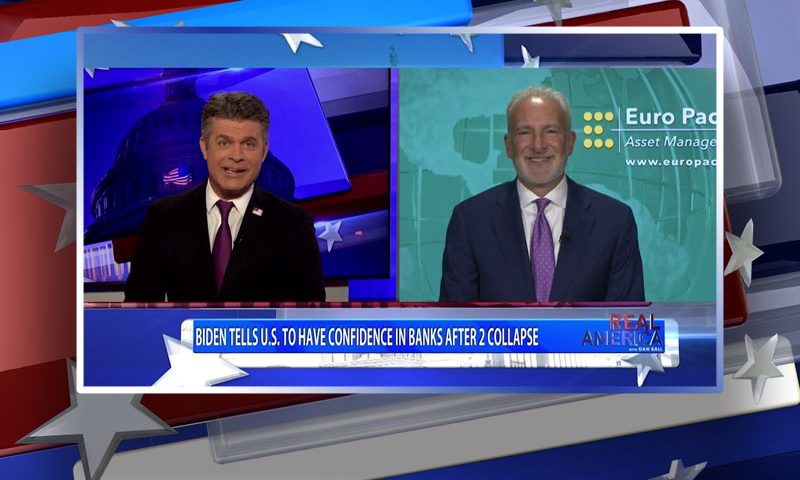 Video still from Peter Schiff's interview with Real America on One America News Network