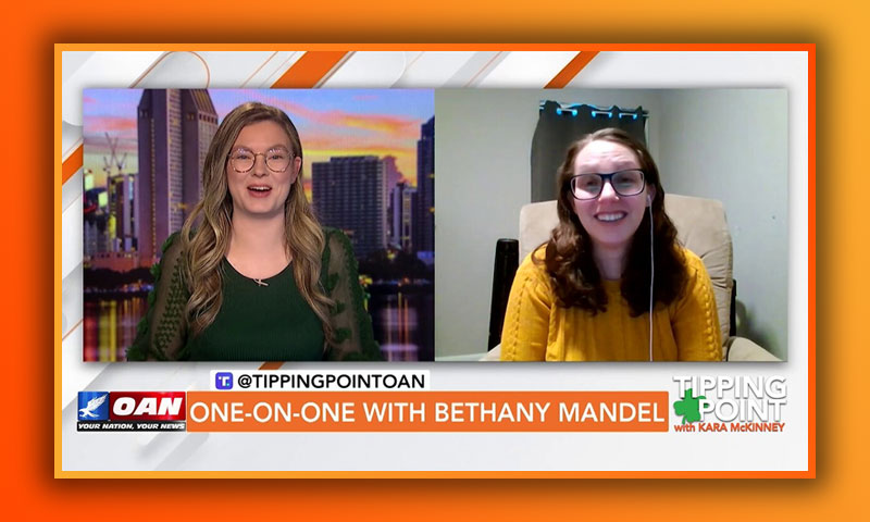 Video still from Bethany Mandel's interview with Tipping Point on One America News Network