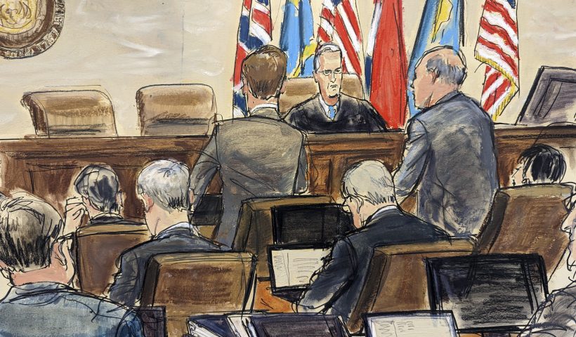 This artist sketch depicts Dominion Voting Systems attorney Justin Nelson, standing left, and Fox News attorney Daniel Webb, standing at right, speaking to Judge Eric Davis before finishing jury selection in Delaware Superior Court Tuesday, April 18, 2023, in Wilmington, Del. (Elizabeth Williams via AP)