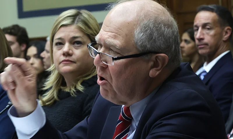 WASHINGTON, DC - APRIL 19: U.S. Agency for International Development (USAID) Nicole Angarella (L) and Special Inspector General for Afghanistan Reconstruction John Sopko (2nd L) testify during a hearing before the House Committee on Oversight and Accountability at the Rayburn House Office Building on April 19, 2023 on Capitol Hill in Washington, DC. The committee held a hearing on “The Biden Administration's Disastrous Withdrawal from Afghanistan Part I: Review by the Inspectors General.” (Photo by Alex Wong/Getty Images)