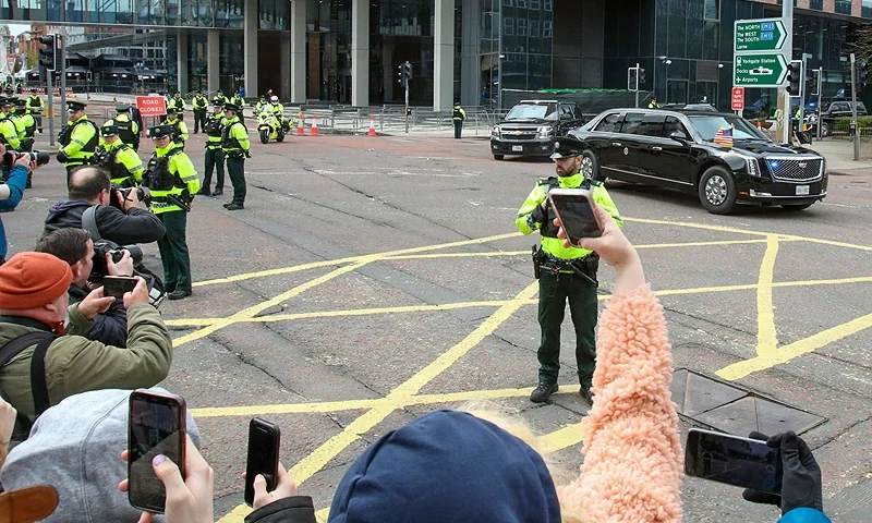 The motorcade of US President Joe Biden drives away from Ulster University in Belfast on April 12, 2023. (Photo by PAUL FAITH/AFP via Getty Images)