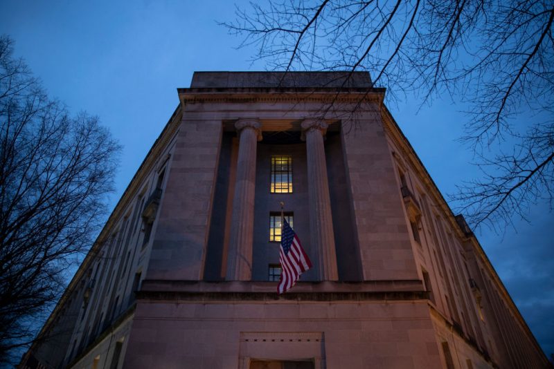 The Department of Justice stands in the early hours of Friday morning, March 22, 2019 in Washington, DC. It is expected that Robert Mueller will soon complete his investigation into Russian interference in the 2016 presidential election and release his report. (Photo by Drew Angerer/Getty Images)