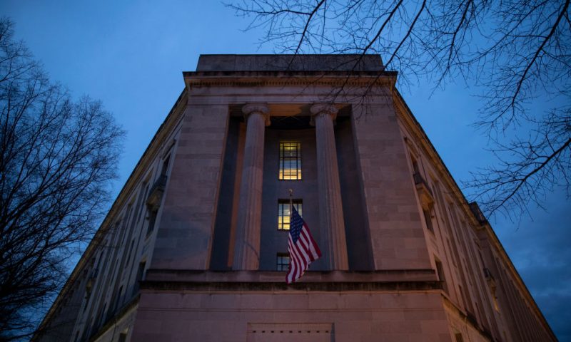 The Department of Justice stands in the early hours of Friday morning, March 22, 2019 in Washington, DC. It is expected that Robert Mueller will soon complete his investigation into Russian interference in the 2016 presidential election and release his report. (Photo by Drew Angerer/Getty Images)