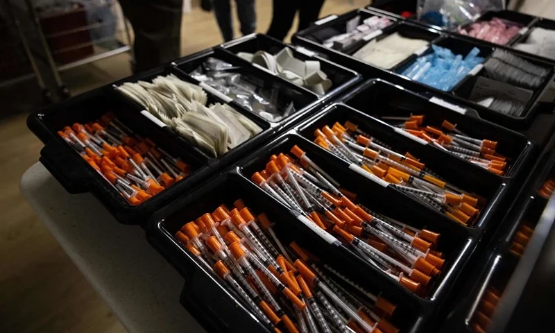 In this November 30, 2021 photo, syringes and other medical equipment are shown during the media tour of their supervised drug injection site OnPoint, in New York. - New York City has opened two supervised drug injection sites in the Harlem and Washington Heights neighborhoods in an effort to address the increase in overdose deaths. Operated by OnPoint NYC, a consortium of two nonprofit social welfare organizations, these centers are the first to be officially licensed in the United States. They offer opioid and other drug users a variety of services, including addiction treatment. (Photo by Yuki IWAMURA / AFP) (Photo by YUKI IWAMURA/AFP via Getty Images)