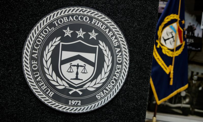 The Bureau of Alcohol, Tobacco, Firearms, and Explosives (ATF) is seen on the podium before the ceremonial swearing-in of Steven Dettelbach as the second ATF Director to be confirmed by Congress at the ATF headquarters on July 19, 2022 in Washington, DC. (Photo by Samuel Corum/Getty Images)
