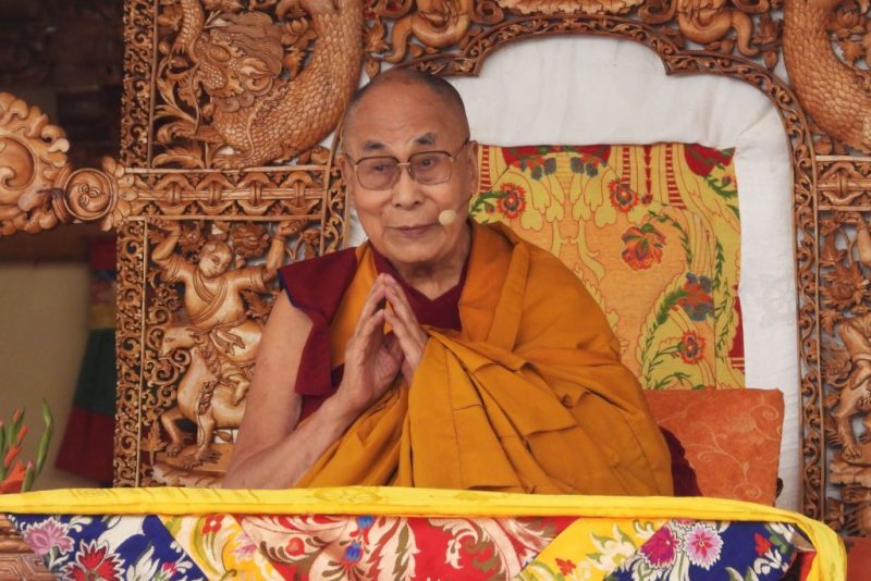 Tibetan spiritual leader Dalai Lama gestures a he leads a teachings gathering in Leh on July 28, 2022. (Photo by Mohd Arhaan ARCHER / AFP) (Photo by MOHD ARHAAN ARCHER/AFP via Getty Images)