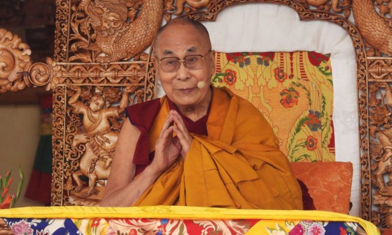 Tibetan spiritual leader Dalai Lama gestures a he leads a teachings gathering in Leh on July 28, 2022. (Photo by Mohd Arhaan ARCHER / AFP) (Photo by MOHD ARHAAN ARCHER/AFP via Getty Images)