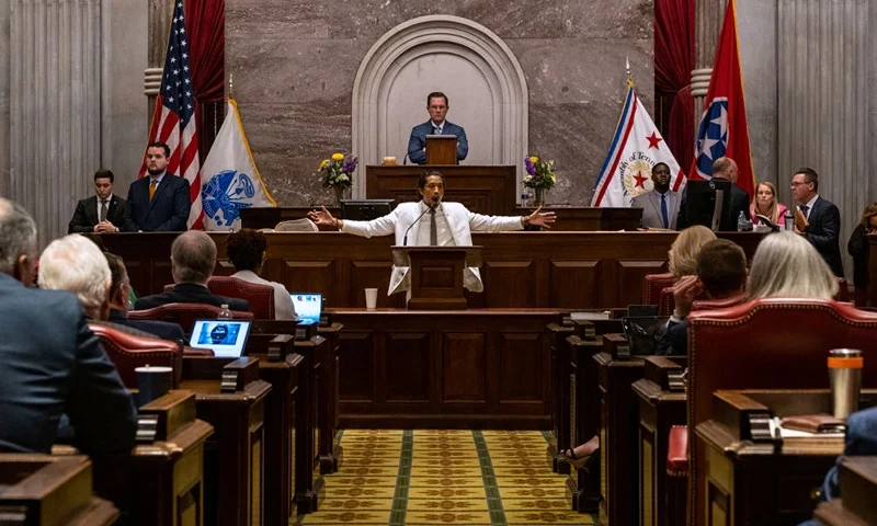 Democratic state Rep. Justin Jones of Nashville speaks prior to a vote on his expulsion from the legislature at the State Capitol Building on April 6, 2023 in Nashville, Tennessee. He was expelled on a vote along party lines after he and two other Democratic reps led a protest at the Tennessee State Capitol building in the wake of a mass shooting where three students and three adults were killed on March 27 at the Covenant School in Nashville. (Photo by Seth Herald/Getty Images)